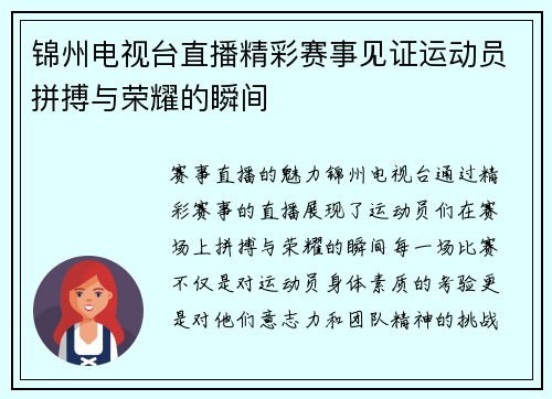 锦州电视台直播精彩赛事见证运动员拼搏与荣耀的瞬间